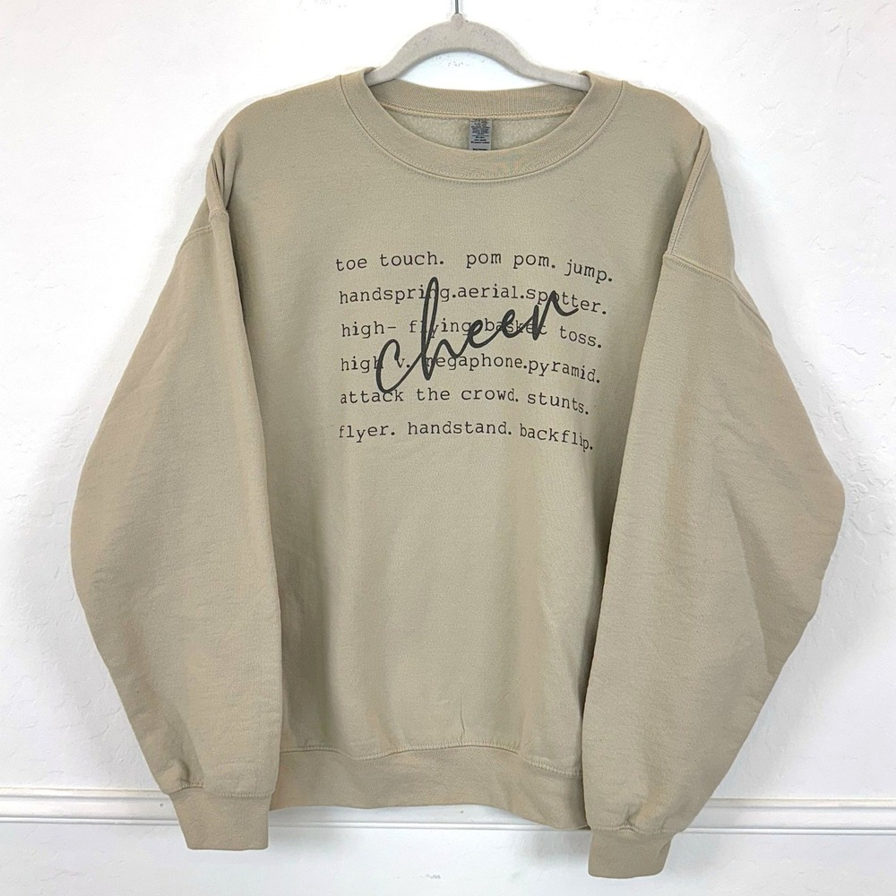 Crewneck Sweatshirt Beige Cheerleader Graphic‎ Long Sleeve Pullover Top | Large
